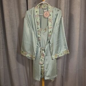Luxurious Light Green Satin Robe with Floral Trim Kimono Style